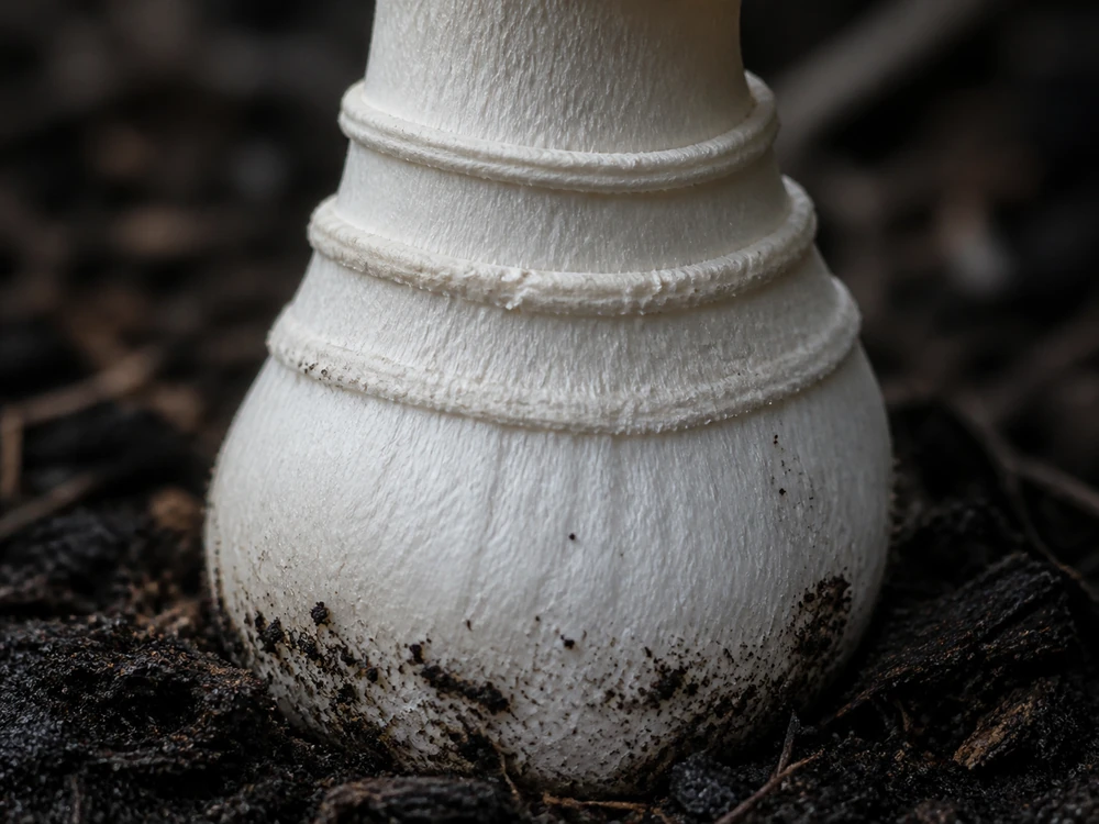 Excavated white fly agaric stem base with several concentric rings of veil scales around the swollen bulb