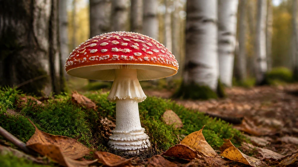 A bright red fly agaric mushroom covered in white cottony warts with a white ring and a banded swollen base