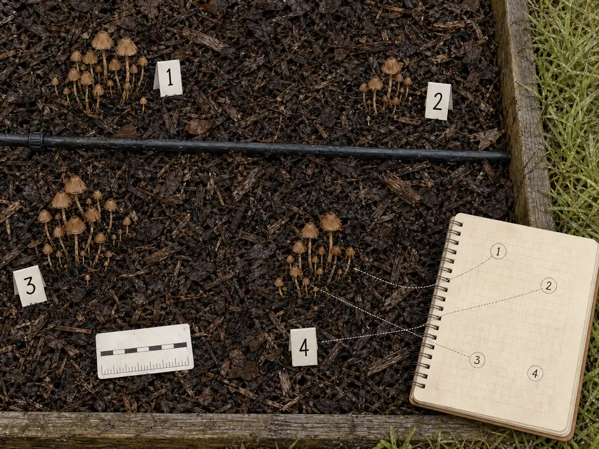 Overhead field record of four separate conecap clusters beside irrigation, numbered markers, a scale card, and matching notebook positions