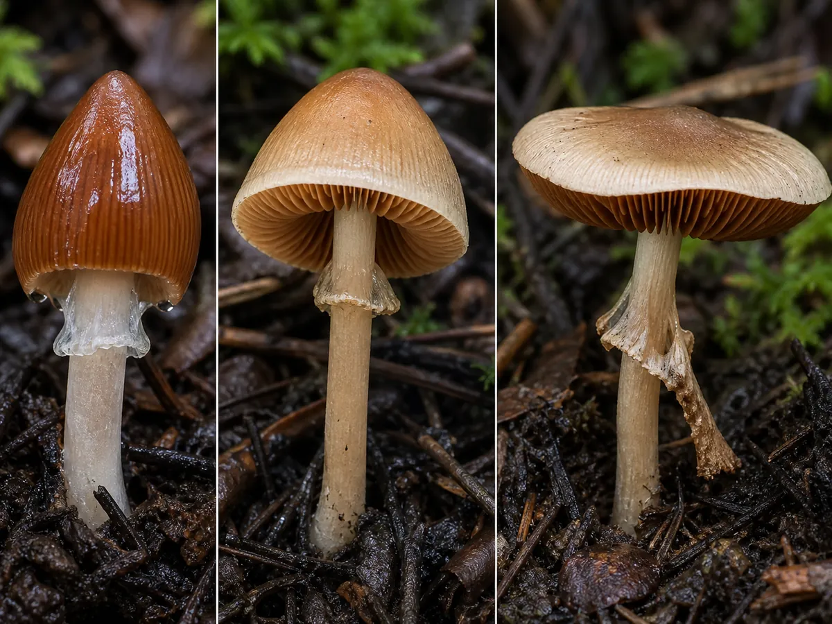 Young and mature fool's conecaps showing a conical wet cap, drying zones, attached rusty gills, and a membranous stem ring