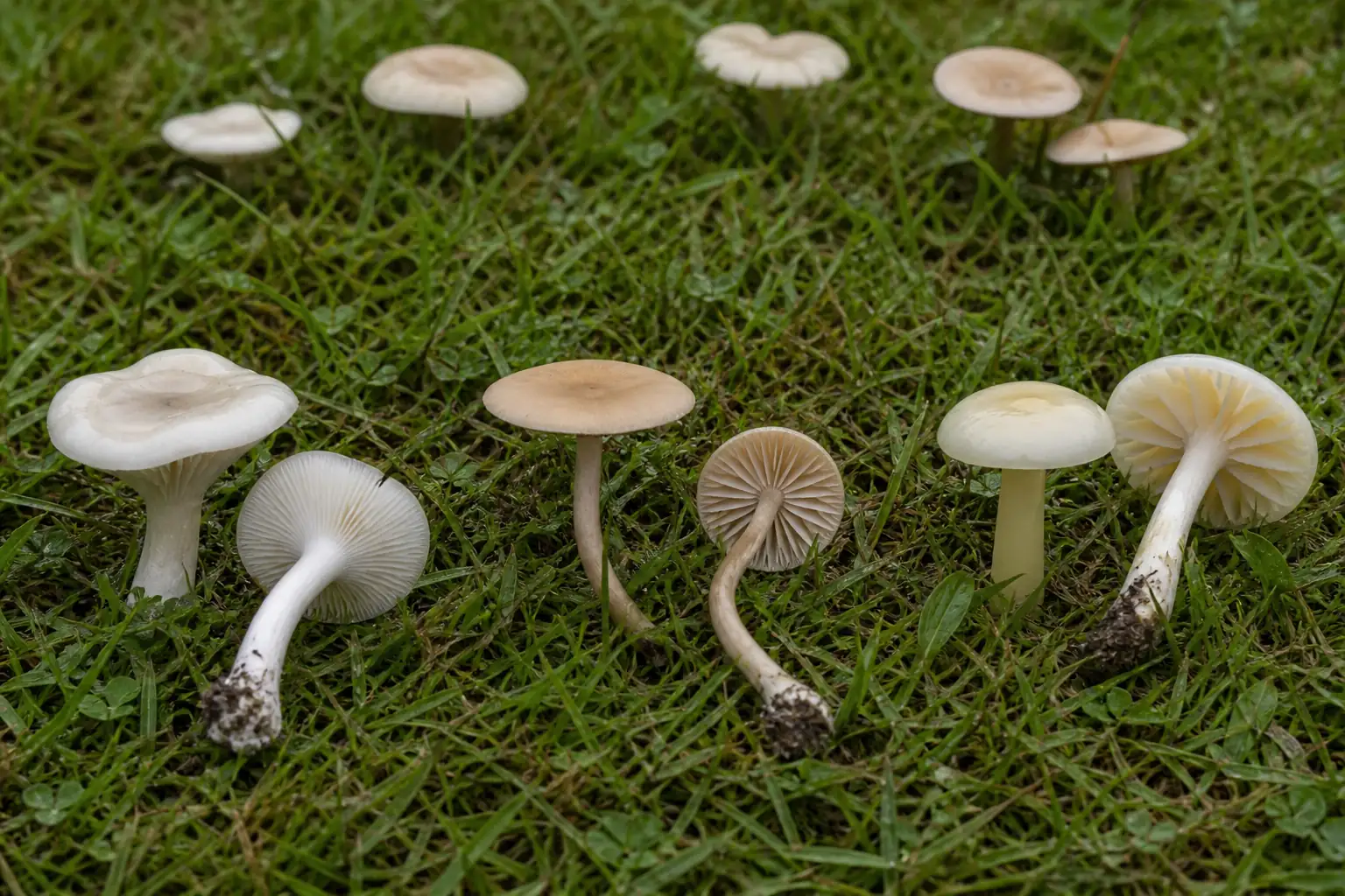 Fool's funnel with crowded descending gills beside a smooth fairy ring mushroom and a thick-gilled pale waxcap in wet grass