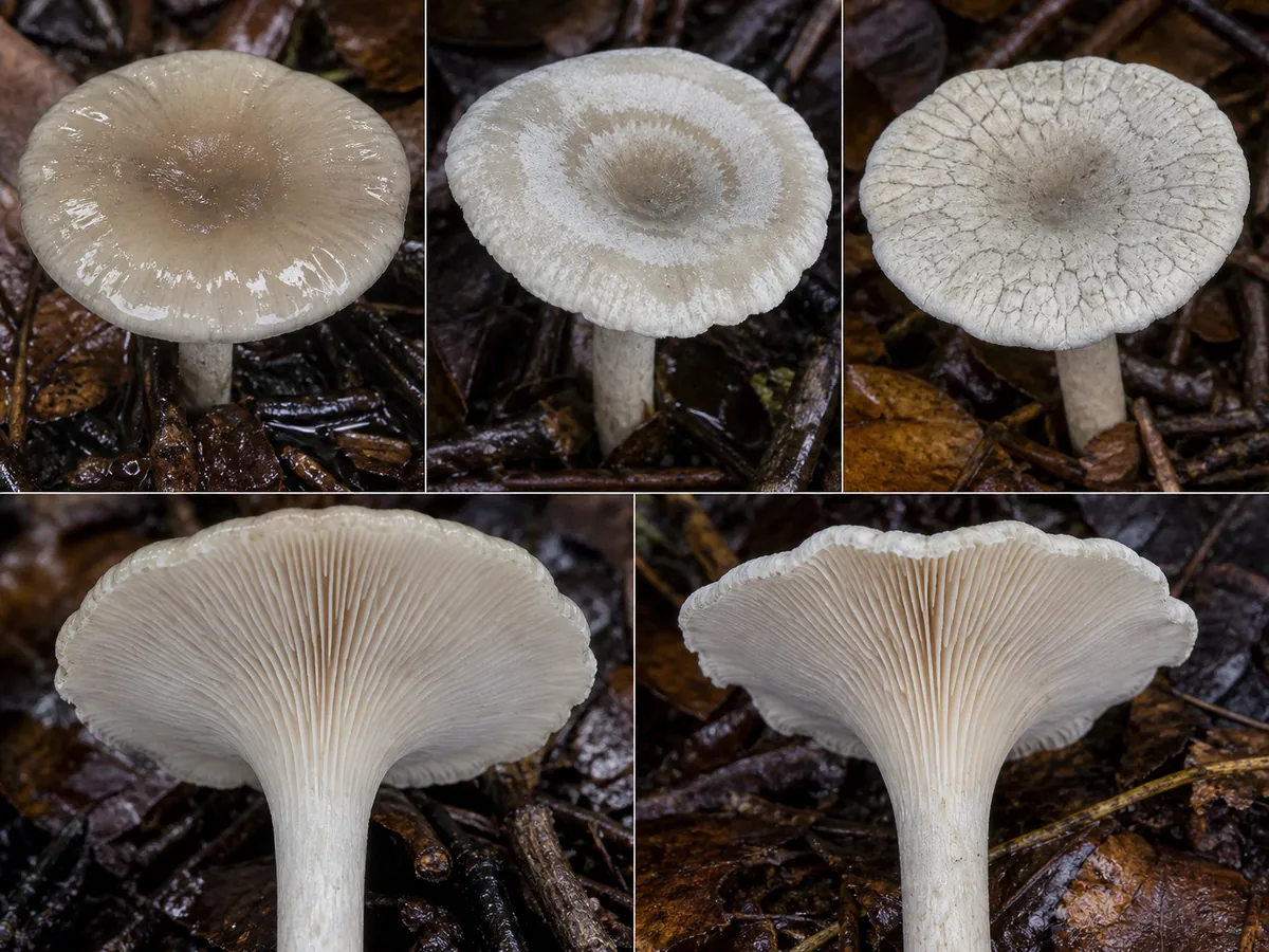 Moist and drying fool's funnel caps showing a buff center, white frosted bloom, cracked rings, and decurrent gills