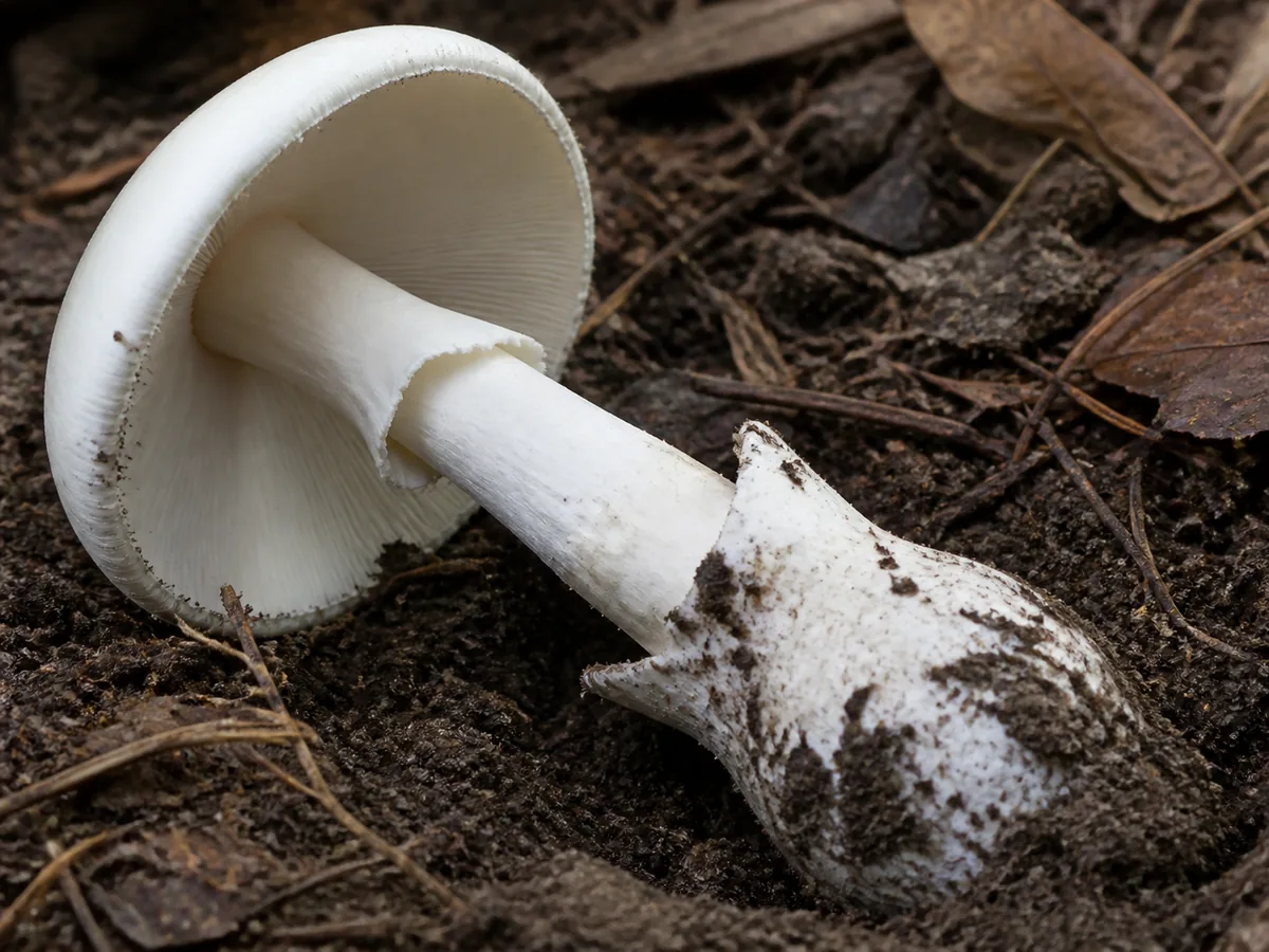 Fool's mushroom lifted intact with free white gills, upper ring, bulb, and membranous volva visible