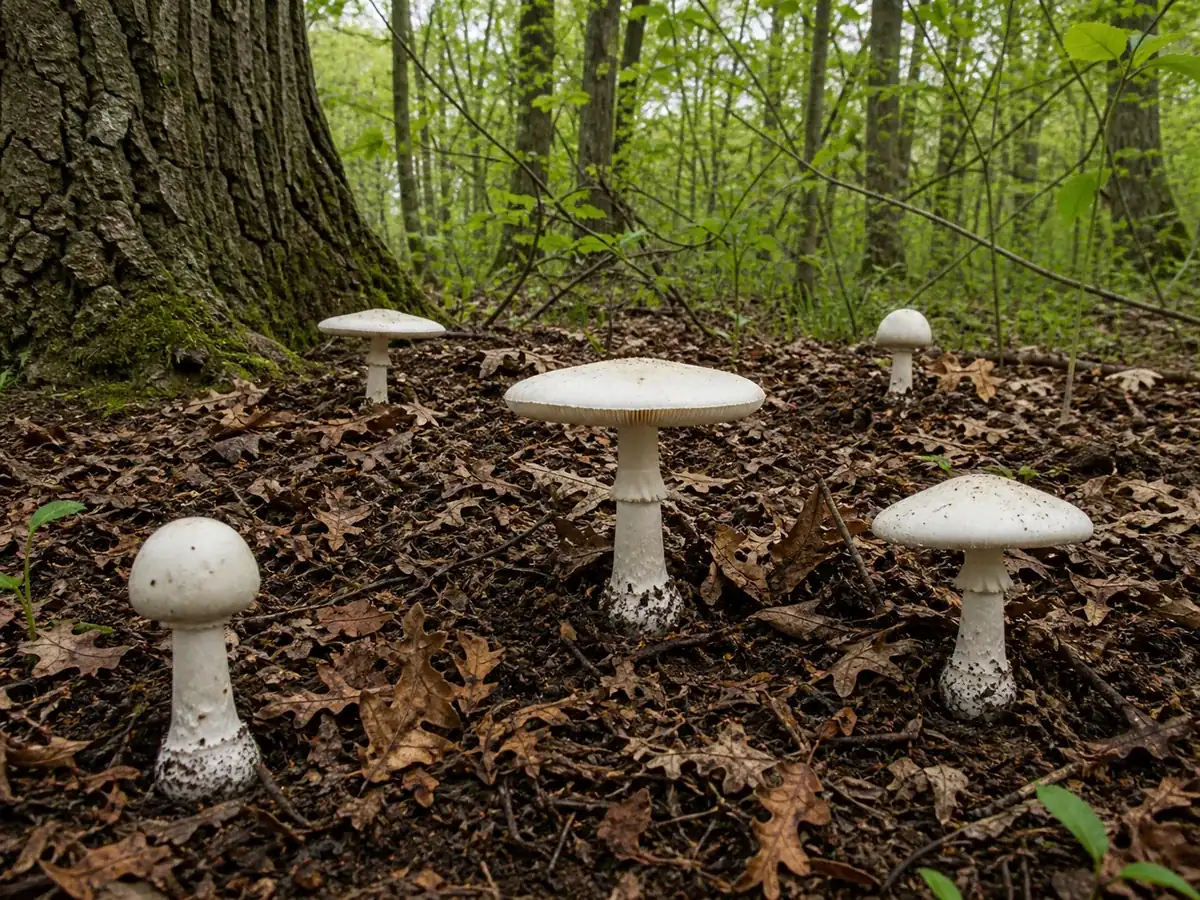 White fool's mushrooms fruiting from spring leaf litter beneath mature European oaks