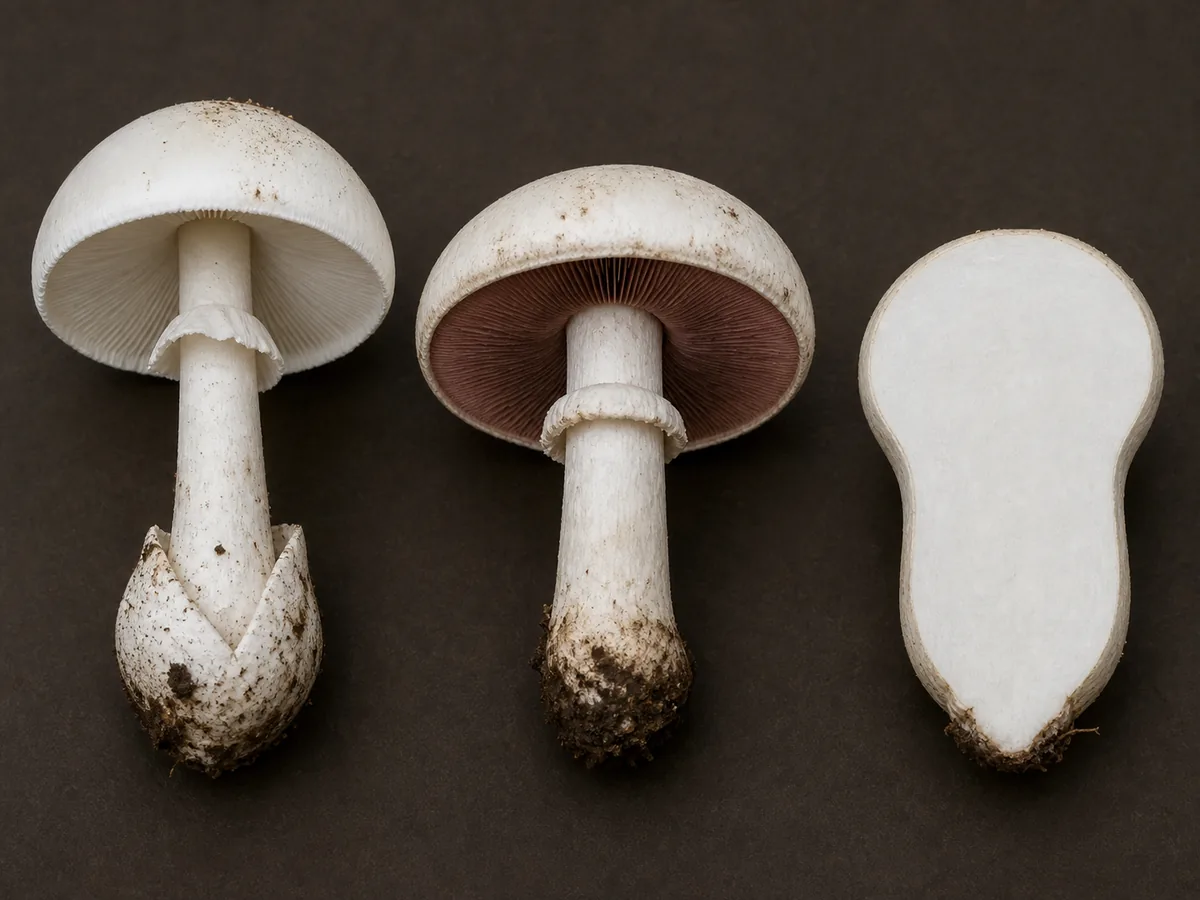 Fool's mushroom beside a mature field mushroom and a cut puffball with bases and interiors visible