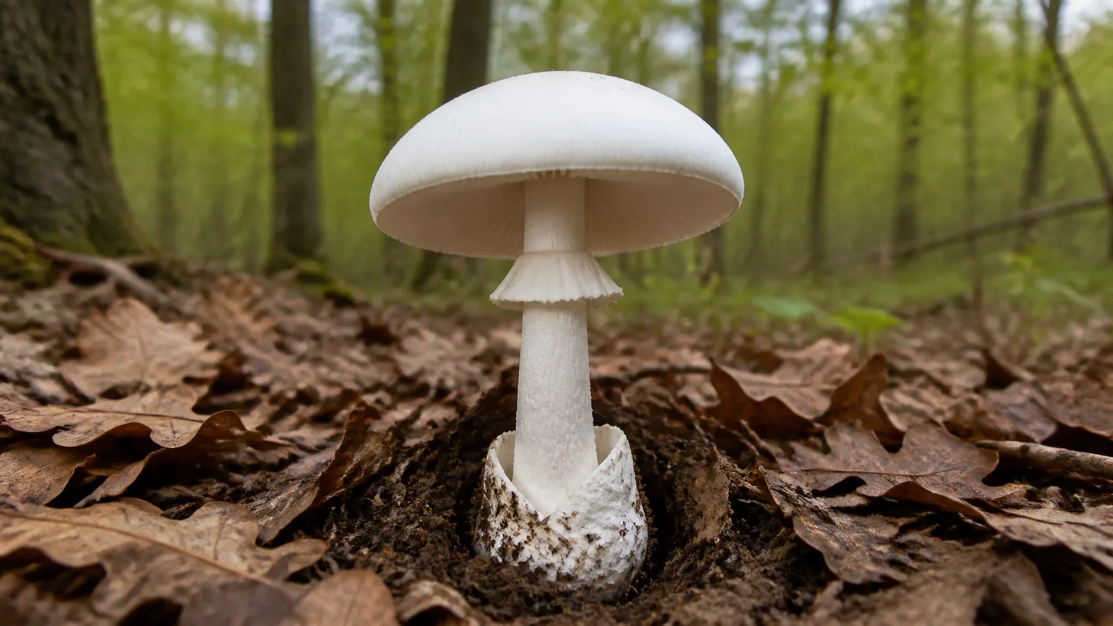 Fool's mushroom with a white cap, free gills, upper ring, and baglike volva in spring oak litter