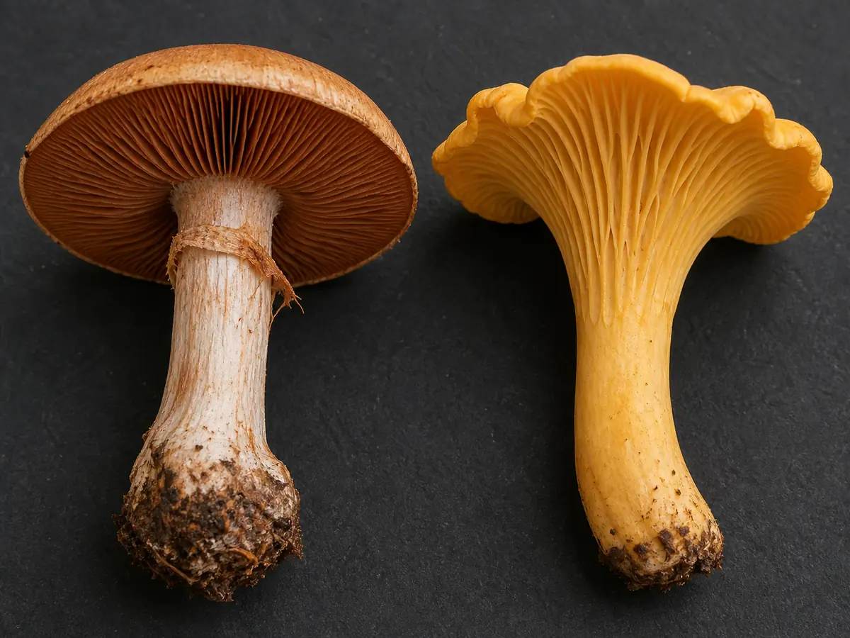 Fool's webcap beside a chanterelle with true gills, false ridges, cortina fibers, and spore colors visible