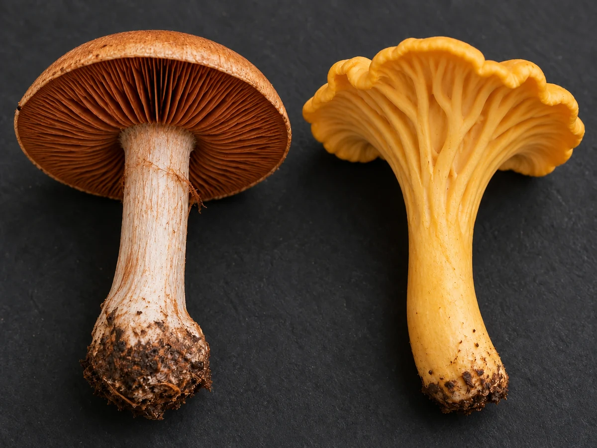 Rusty blade-like webcap gills beside thick forked chanterelle folds
