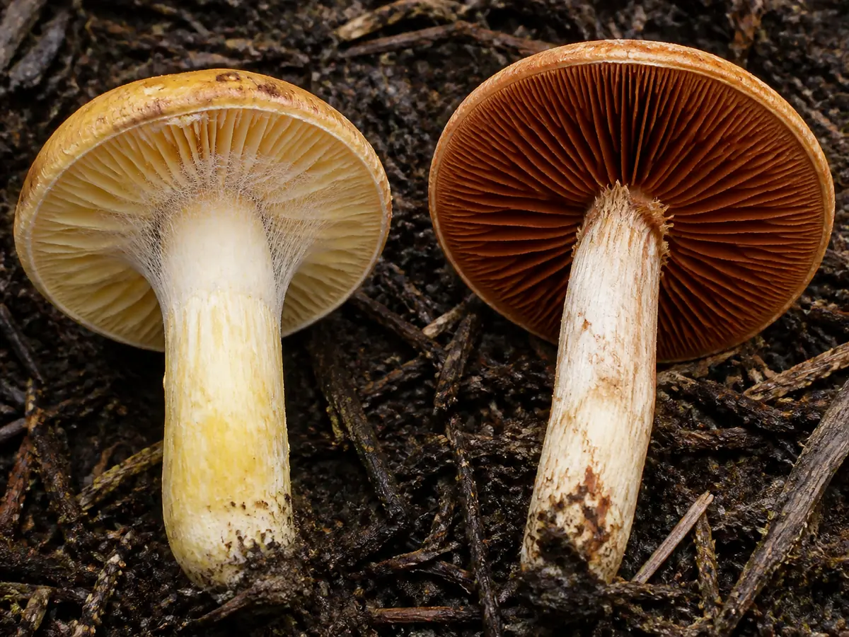 Young and mature fool's webcaps showing the cobweb veil, spaced gills, and rusty spore fibers