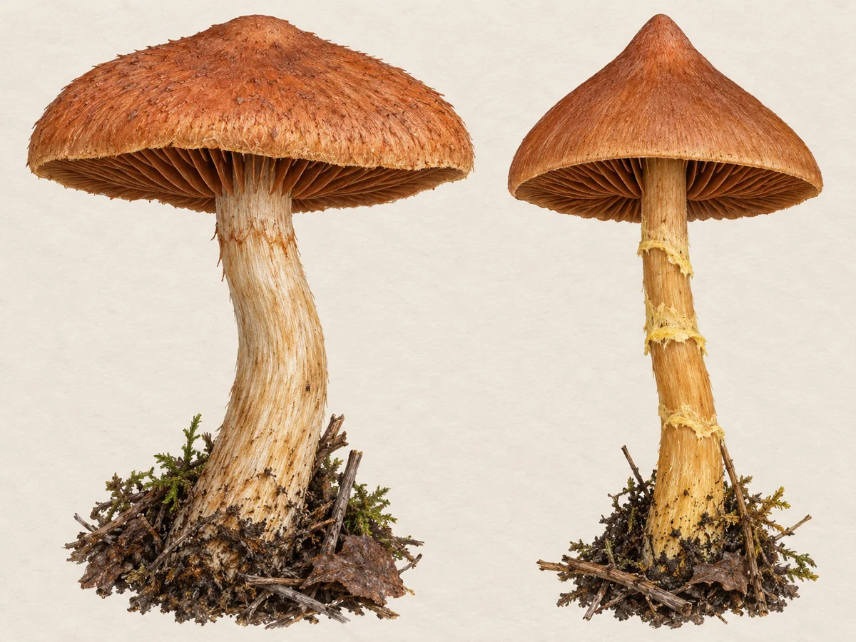Low broad-umbo fool's webcap and paler plain stem beside a pointed deadly webcap with yellow stem bands