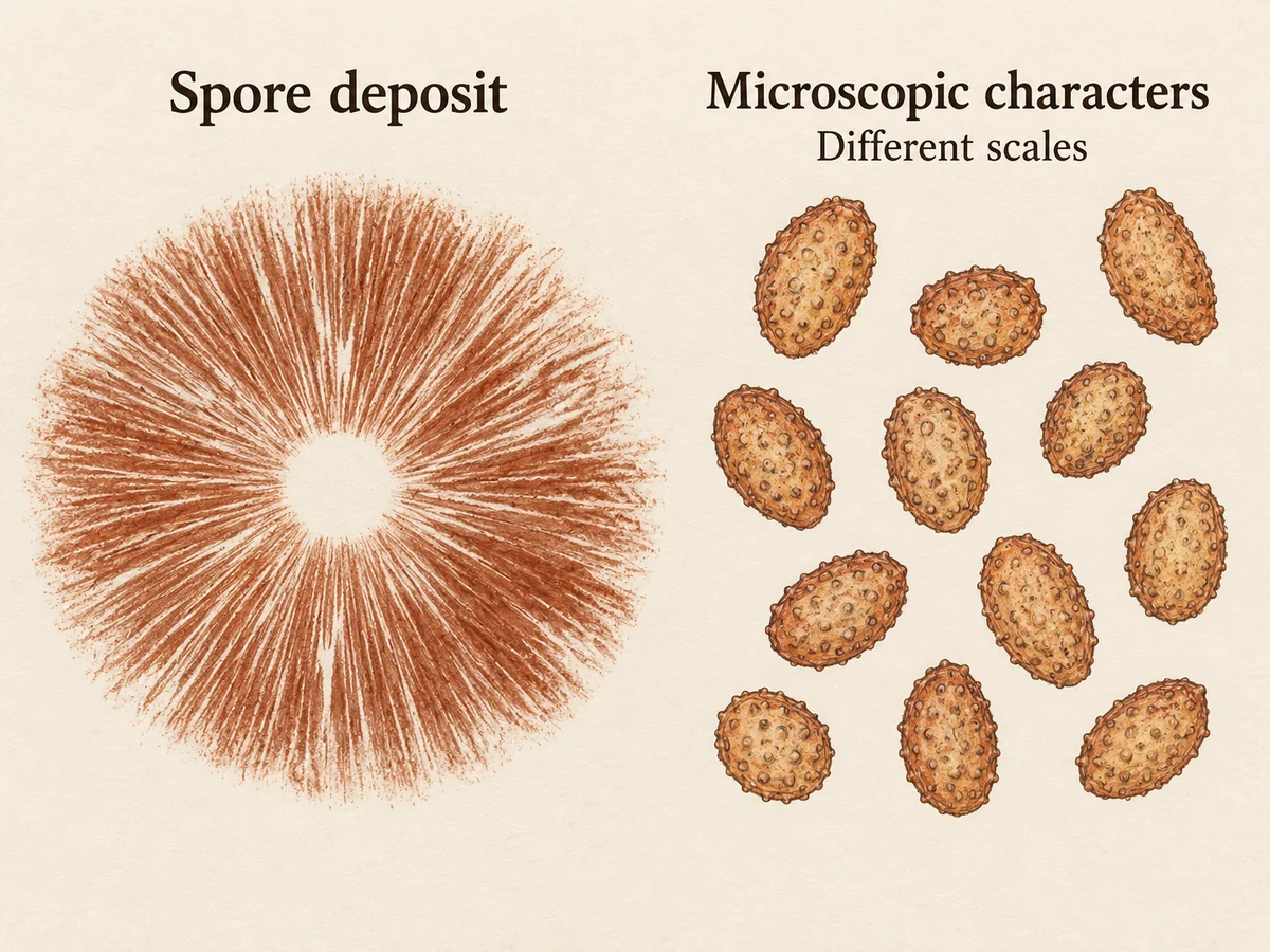 Rusty spore deposit beside schematic rough oval spores viewed at a different scale