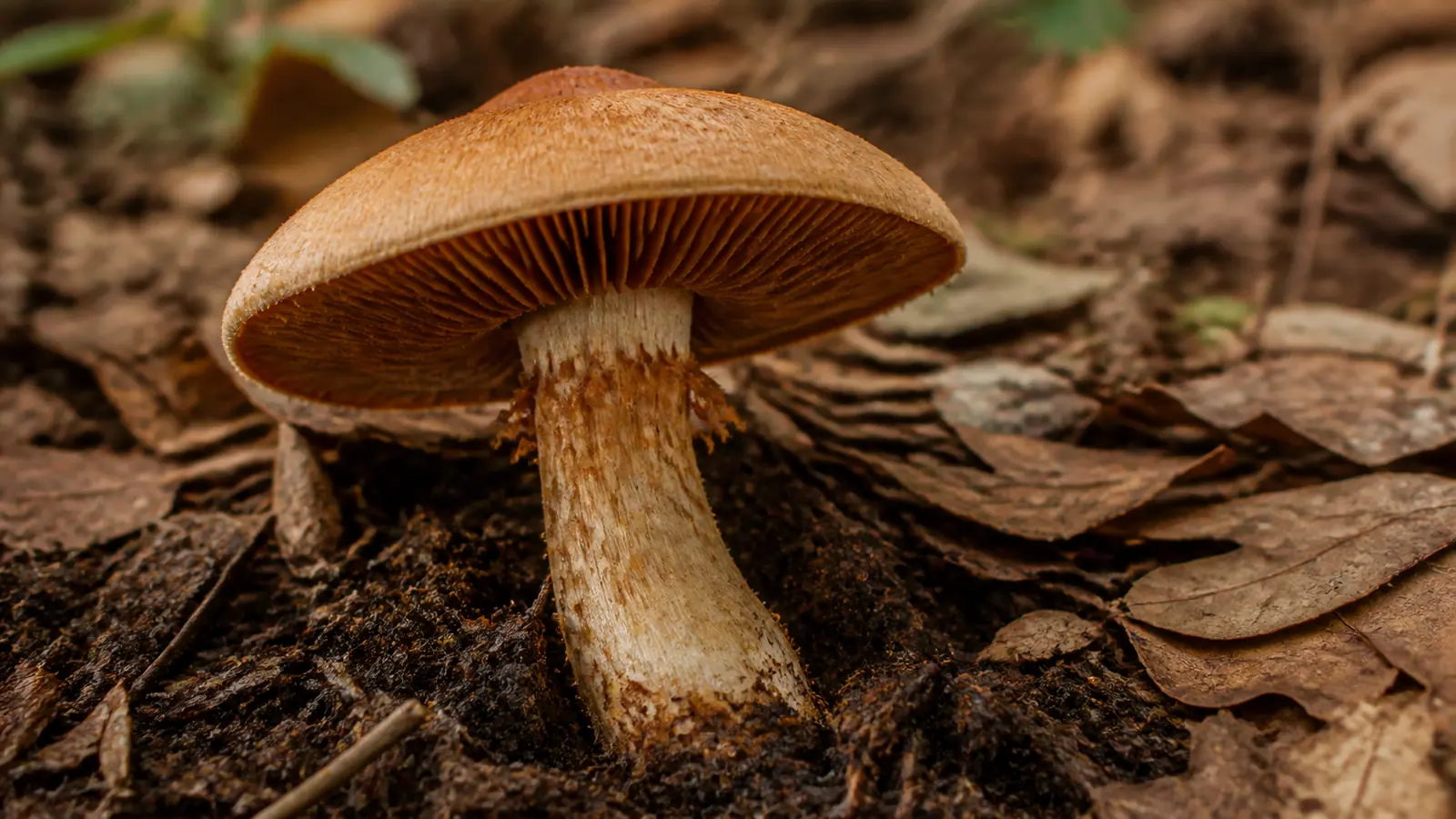 Fool's webcap with a dry tawny cap, rusty gills, and fibrous stem in oak leaf litter