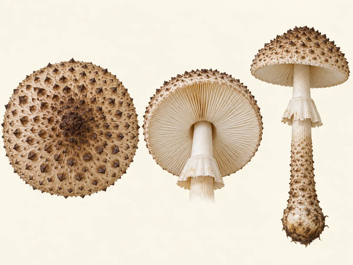 Freckled dapperling pointed cap scales, free pale gills, hanging ring and scaly lower stem