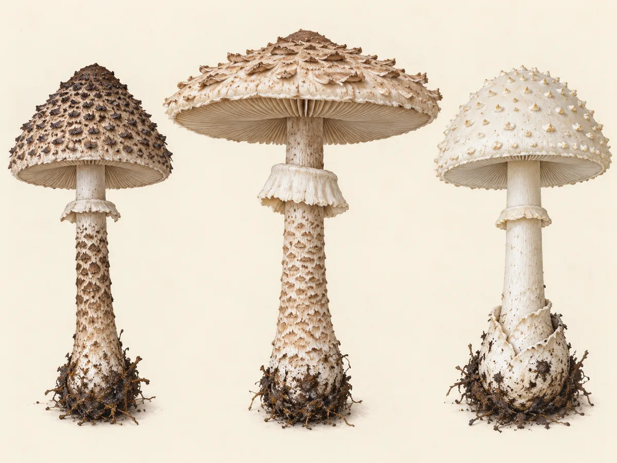 Three scaly ringed mushroom forms comparing pointed scales, shaggy cap plates and a spiny Amanita base