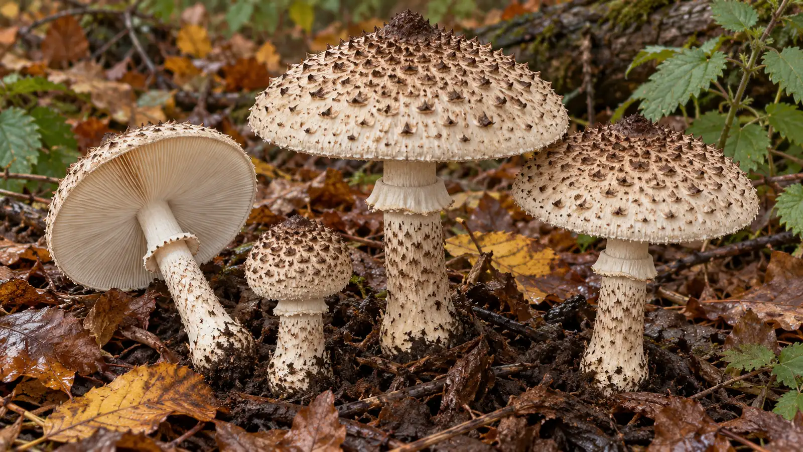 Freckled dapperlings with pointed brown cap scales and ringed stems in woodland litter