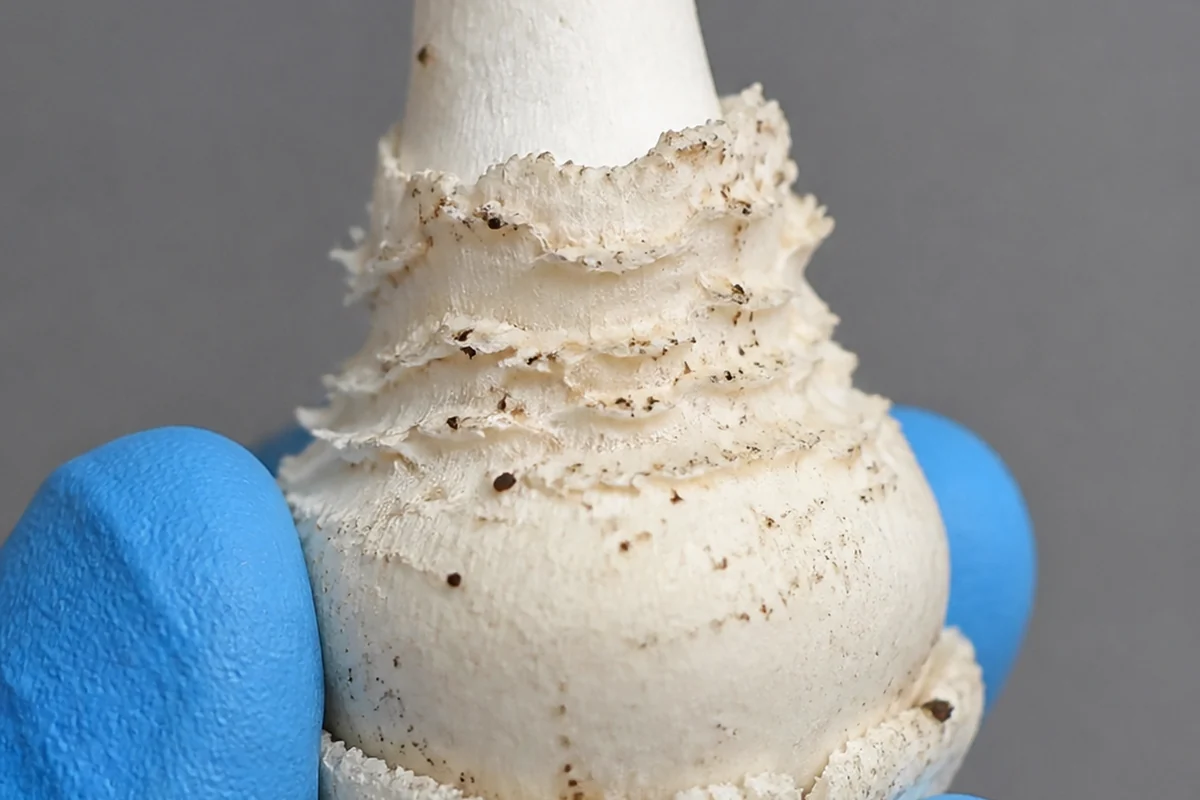The excavated base of a gemmed amanita held between gloved fingertips, showing a rounded white bulb with a low rim and small flattened white scales just above it