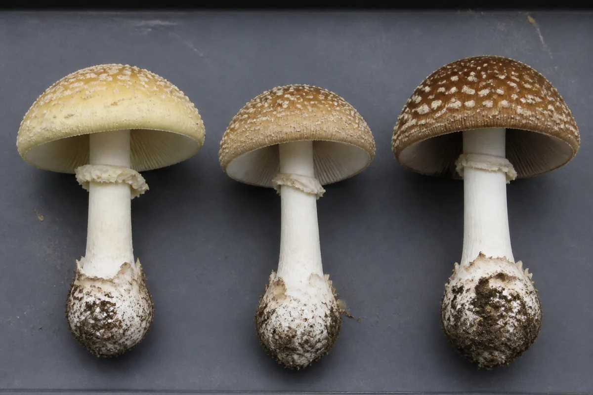 Three amanita mushrooms in a row on a dark tray, a pale yellow one on the left, a darker brown warted one with a grooved margin on the right, and one intermediate in color between them in the middle