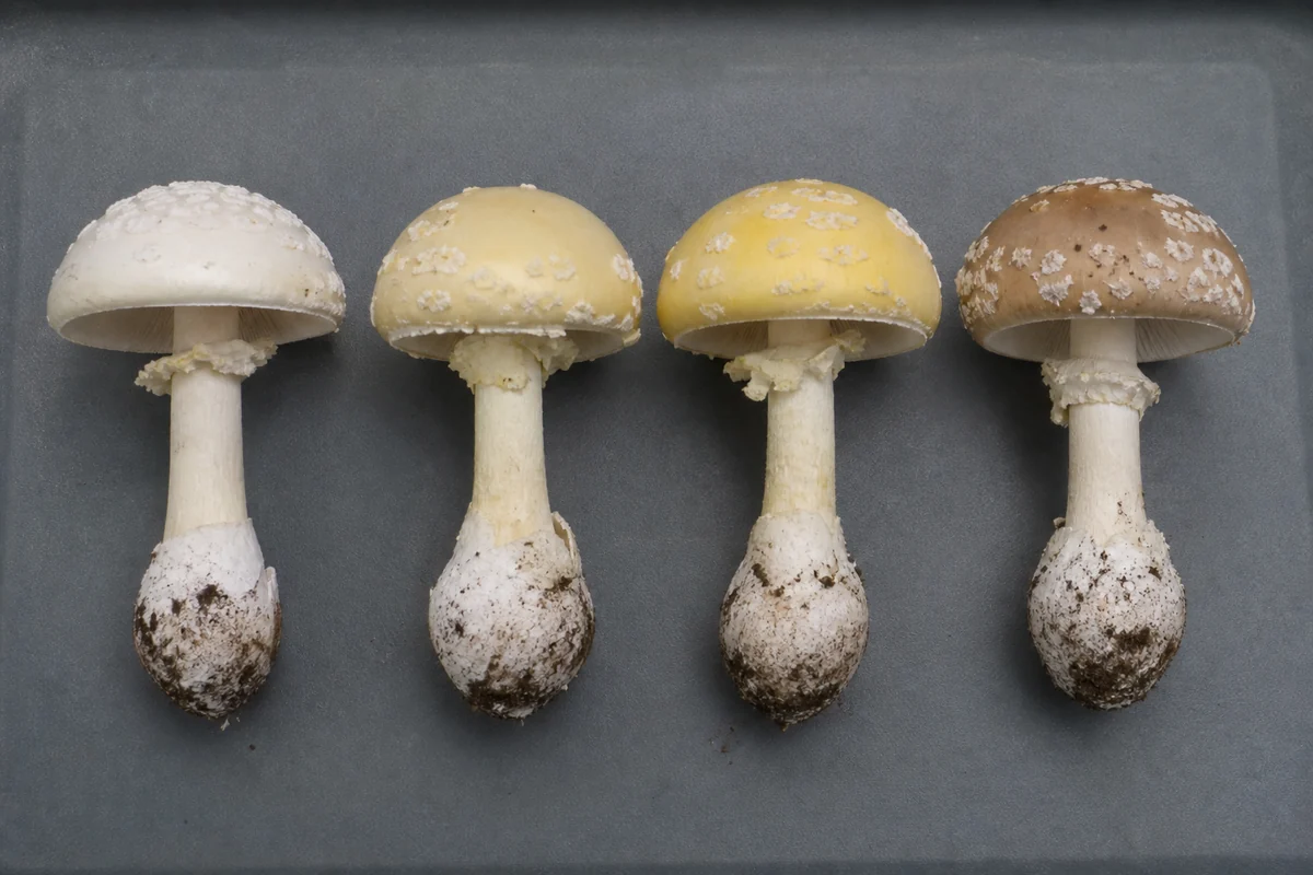 Four gemmed amanita mushrooms laid side by side on a dark tray with caps ranging from nearly white through pale straw and yellow to tan, all bearing white veil patches