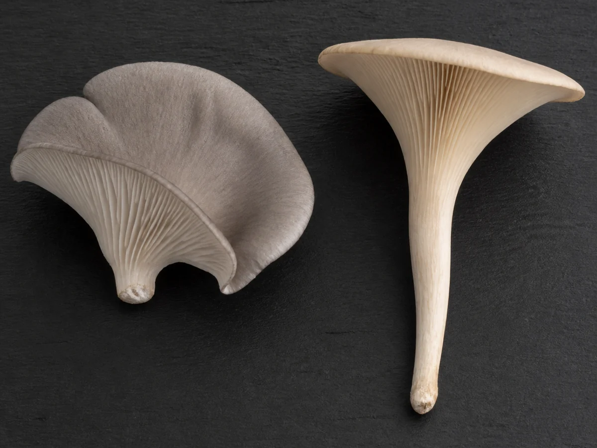 Two mushrooms side by side on a dark board, the left a gray oyster mushroom with a short off-center stem and the right a cream funnel-shaped mushroom with a longer tapering stem