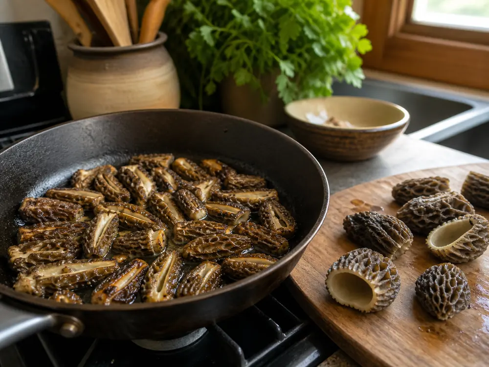 Lengthwise-halved gray morels browning in a wide skillet