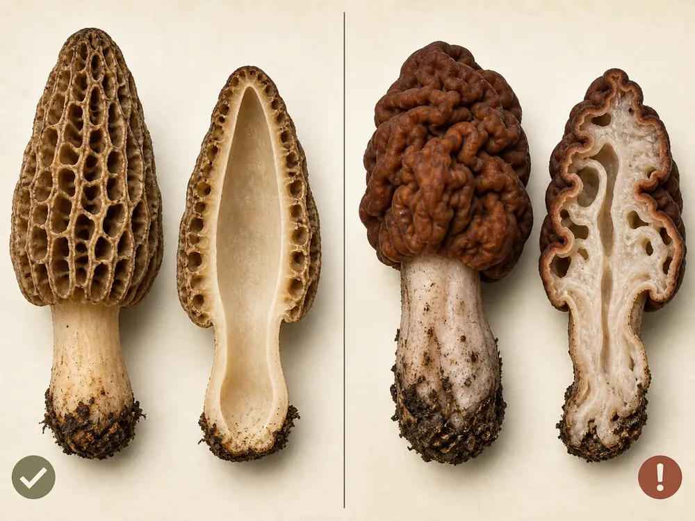 True gray morel and a folded false morel shown whole and in section
