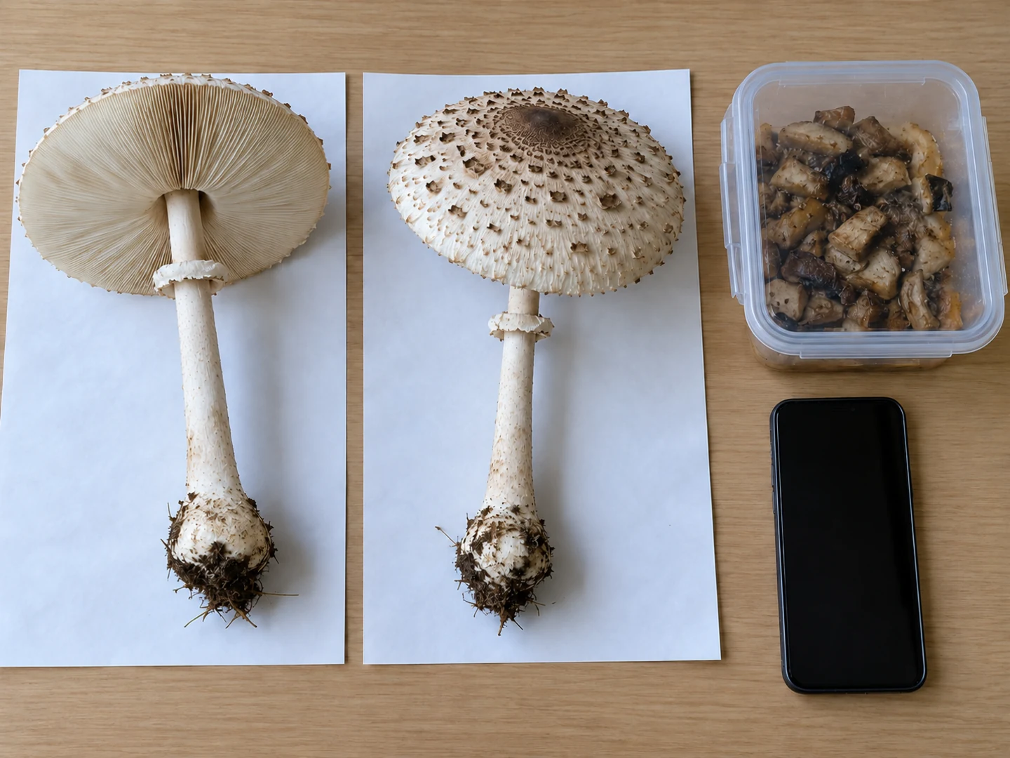 Two intact lawn parasols kept apart on separate paper beside a closed container of cooked mushroom remnants and a phone