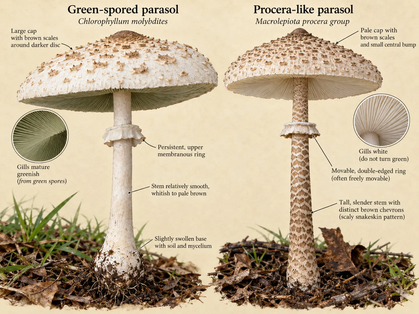 Illustrated green-spored parasol beside a procera-like parasol, with whole stems and mature gill details