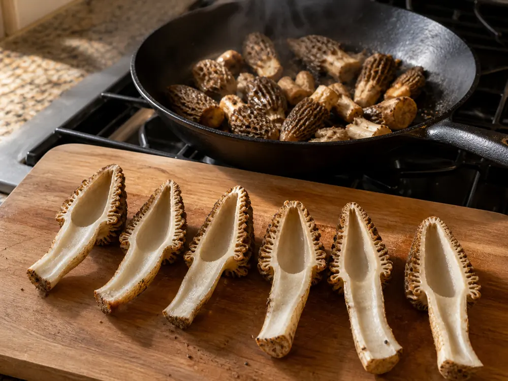 Lengthwise-halved half-free morels inspected beside a hot skillet