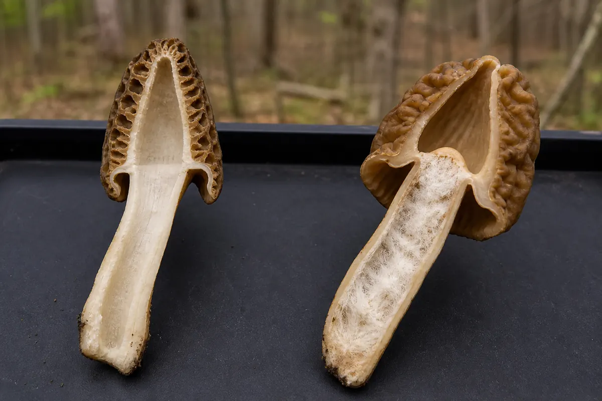Cut half-free morel and Verpa compared on a dark field tray
