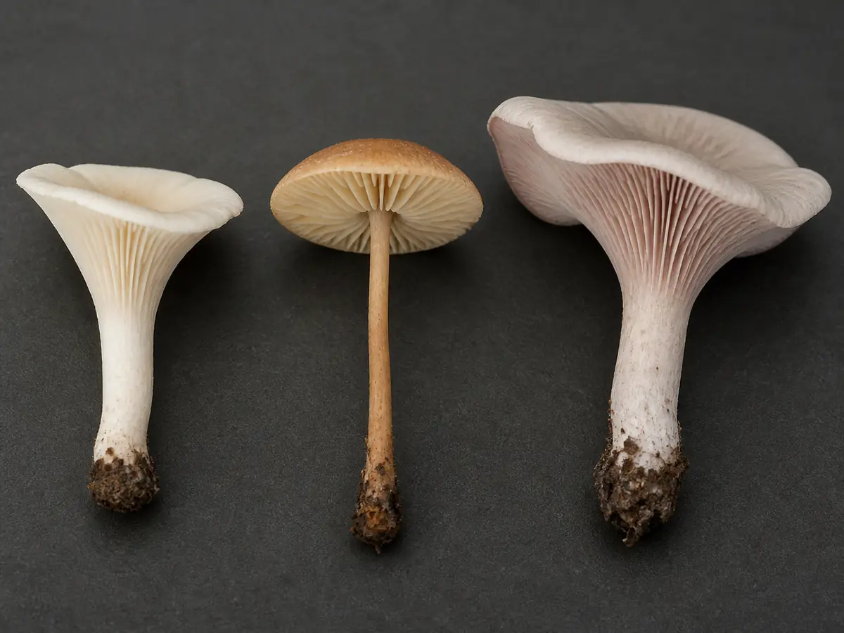 Ivory funnel beside fairy-ring mushroom and the miller with gill attachment and stem texture visible