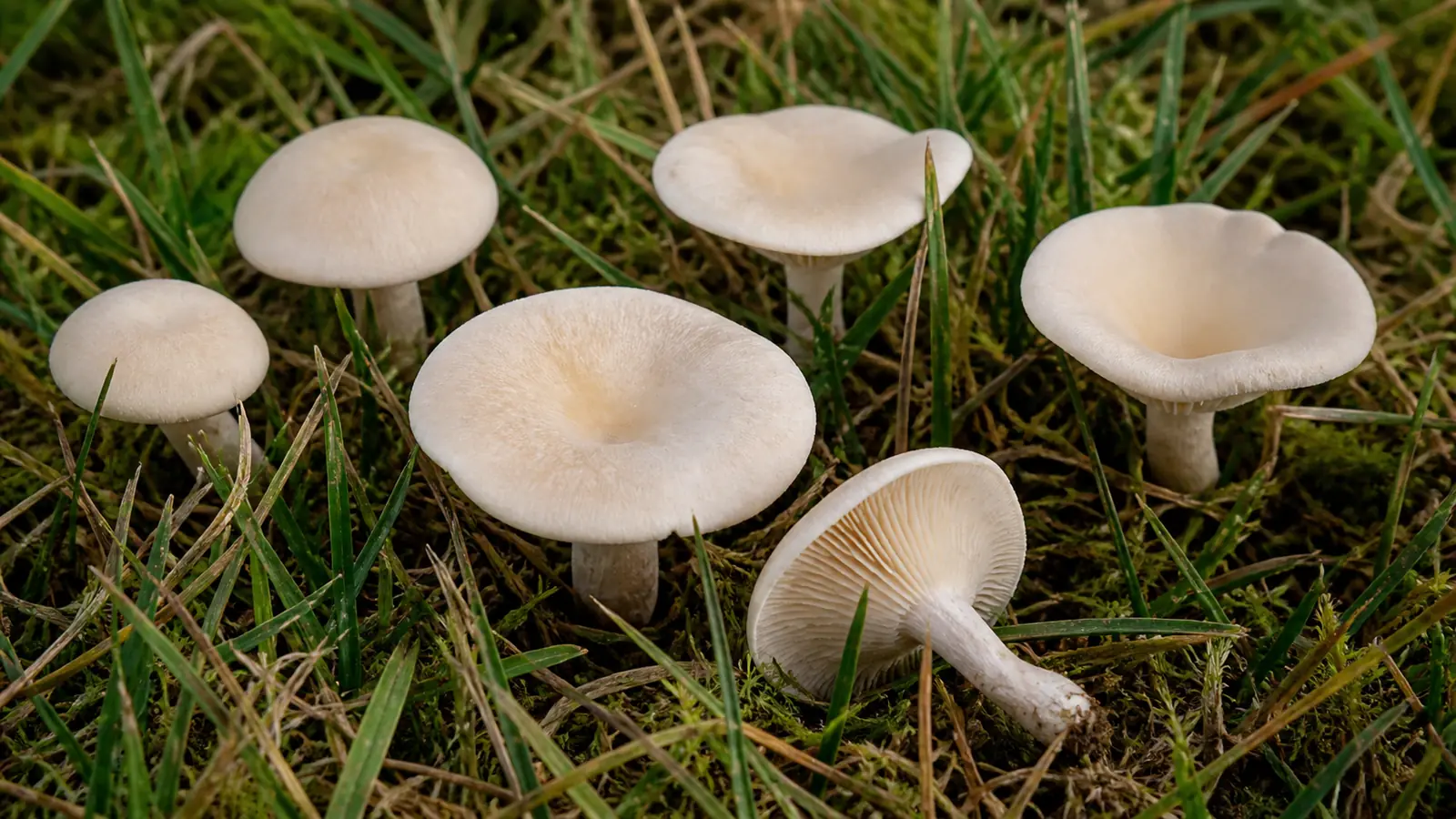 Ivory funnels with pale frosted caps and short stems growing in autumn grass