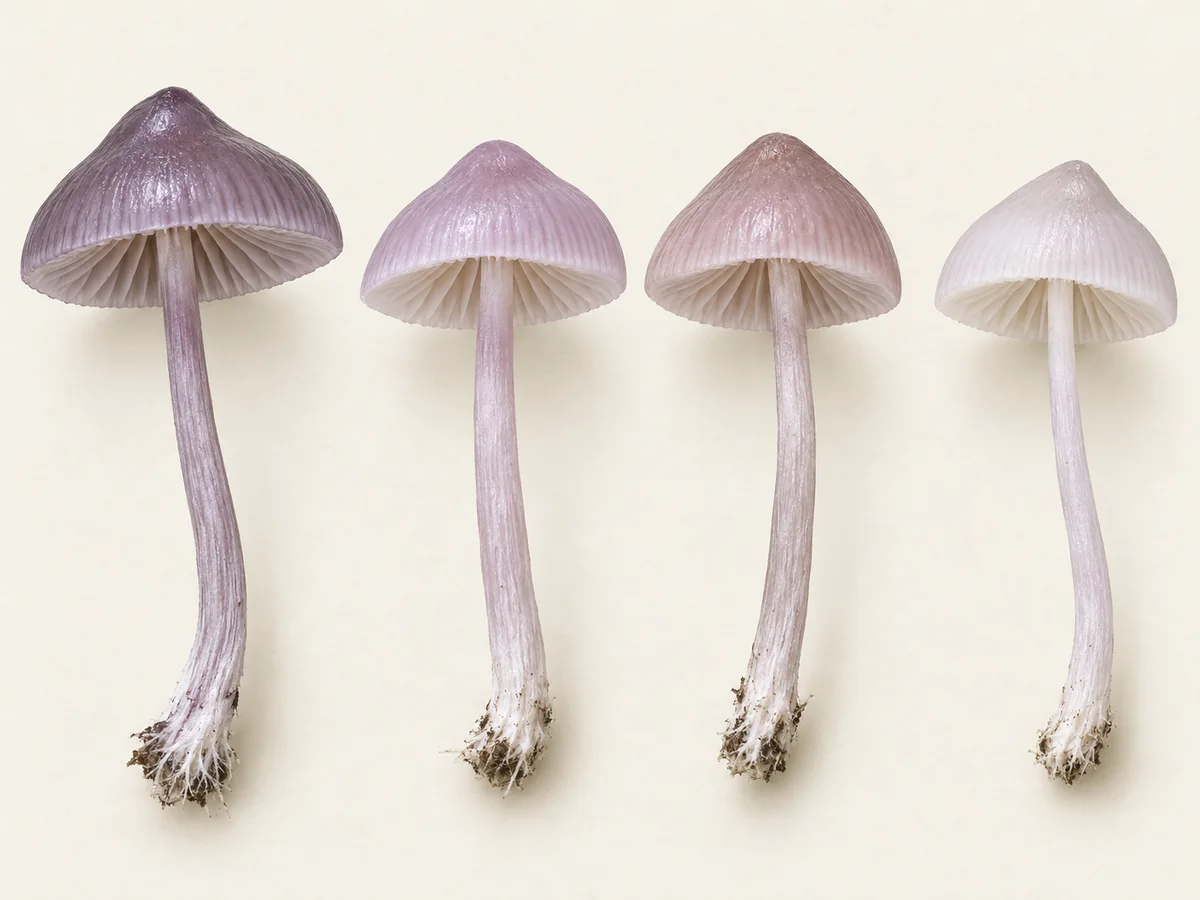 Four illustrated lilac bonnet caps showing violet, pink-gray, pale lilac and faded states