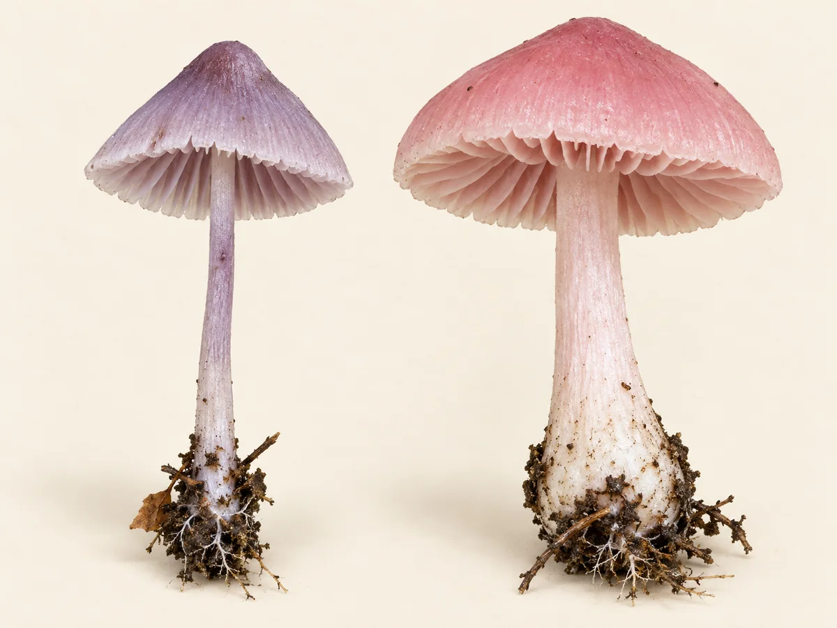 Lilac bonnet beside a larger uniformly pink rosy bonnet with a broader stem base