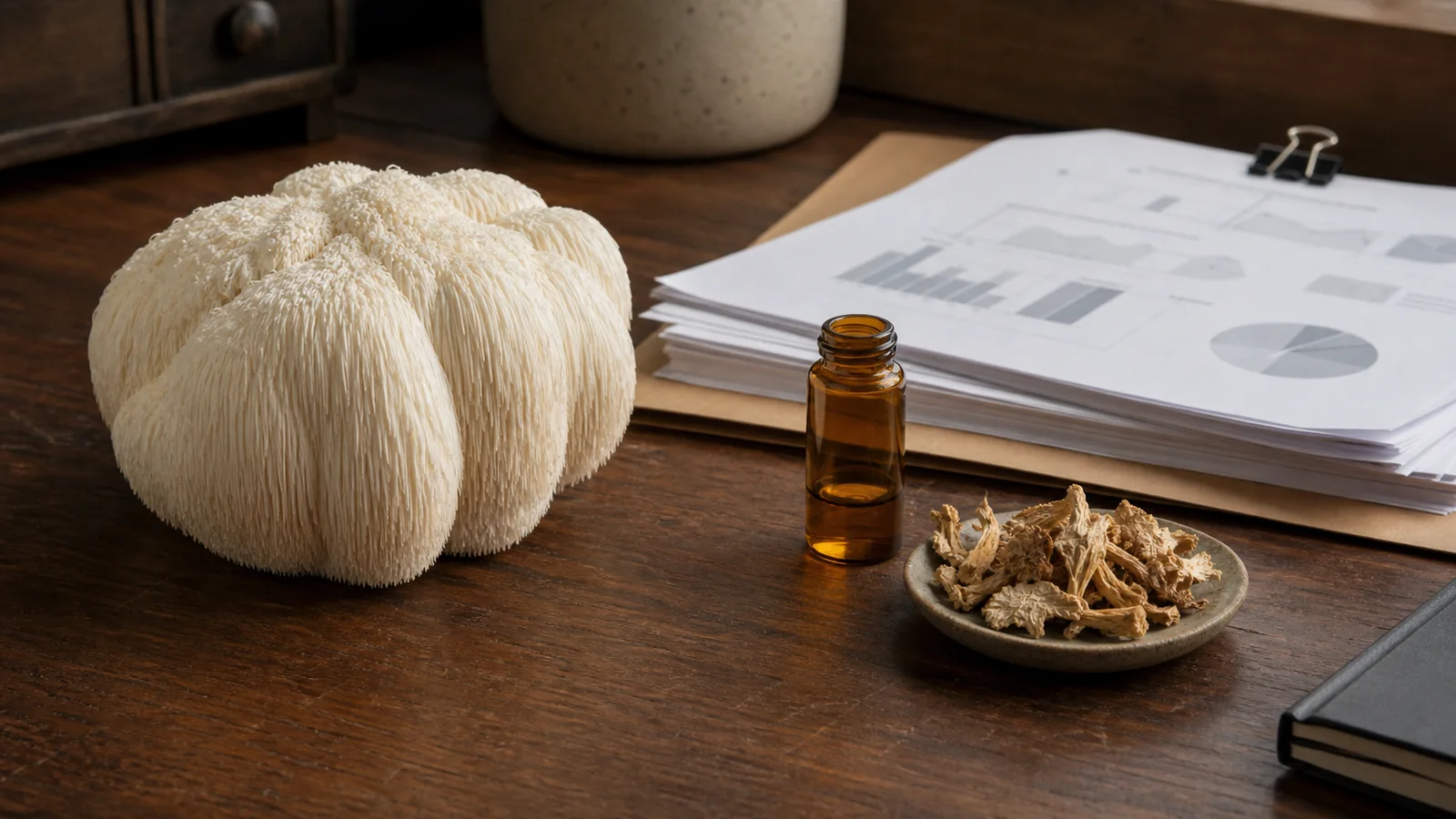 Lion's mane mushroom beside research papers and an unbranded vial - Lion's Mane benefits | KnowTheSpore