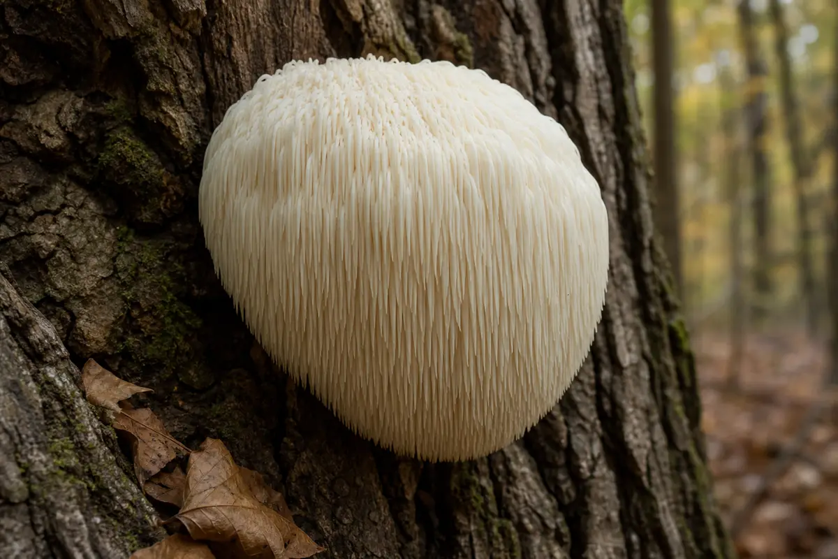 Fresh Lion's Mane mushroom with long white teeth attached to hardwood