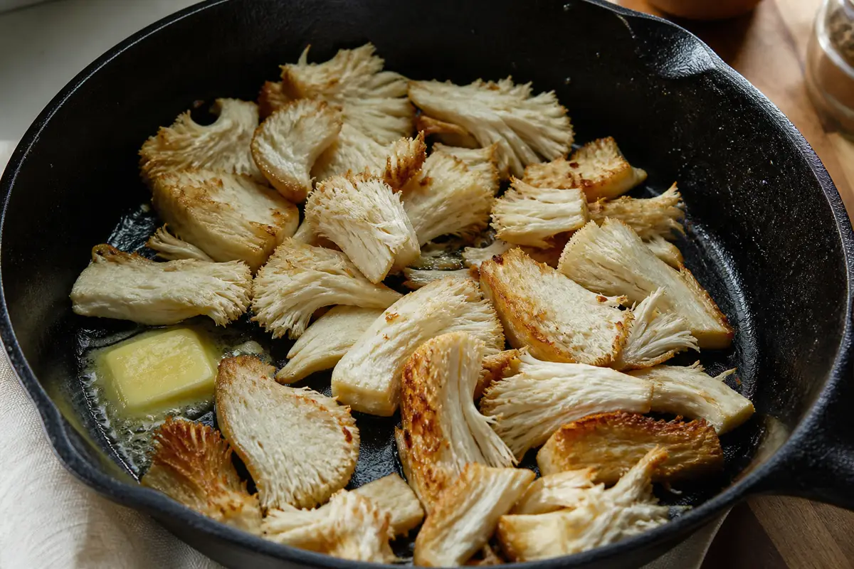 Sliced Lion's Mane mushroom browning in a cast iron skillet