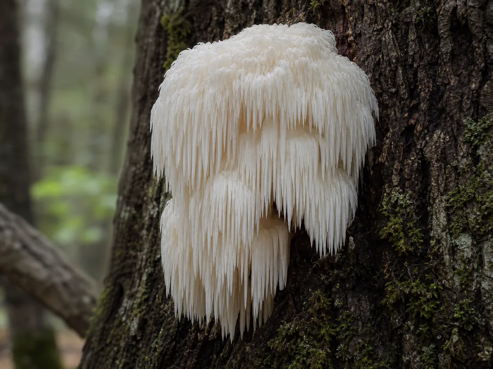 A white, shaggy Lion's Mane mushroom with cascading spines on a tree trunk