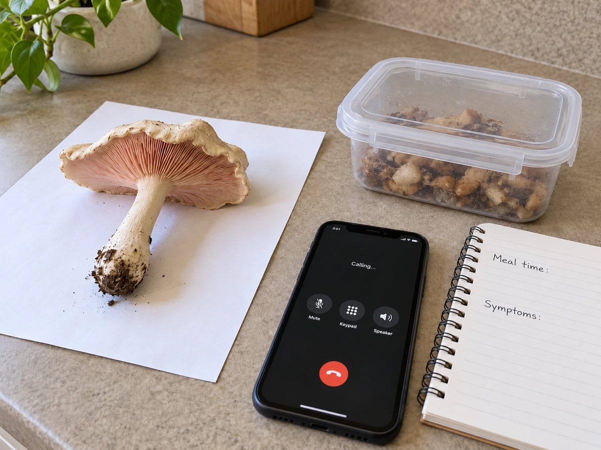An intact pale pinkgill on separate paper beside a closed meal-remains container and a phone with timing notes