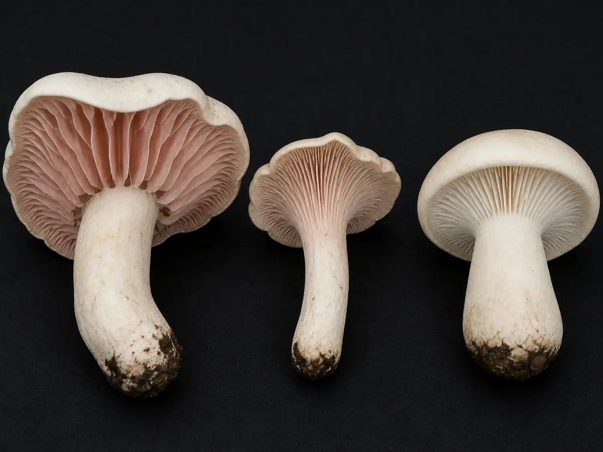 Livid pinkgill beside the miller and St George's mushroom with mature gills and stem attachments visible