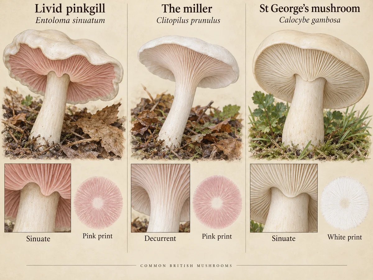 Livid pinkgill, the miller and St George's mushroom with labeled attachment and print differences