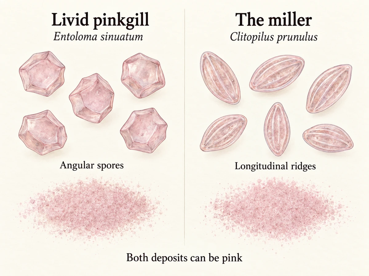 Schematic angular Entoloma spores and elongated longitudinally ridged miller spores above pink deposit swatches
