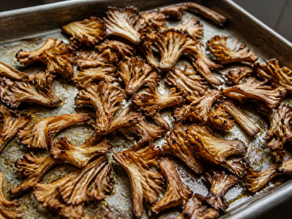 Torn hen of the woods pieces roasting golden brown with crisp edges on a metal baking tray