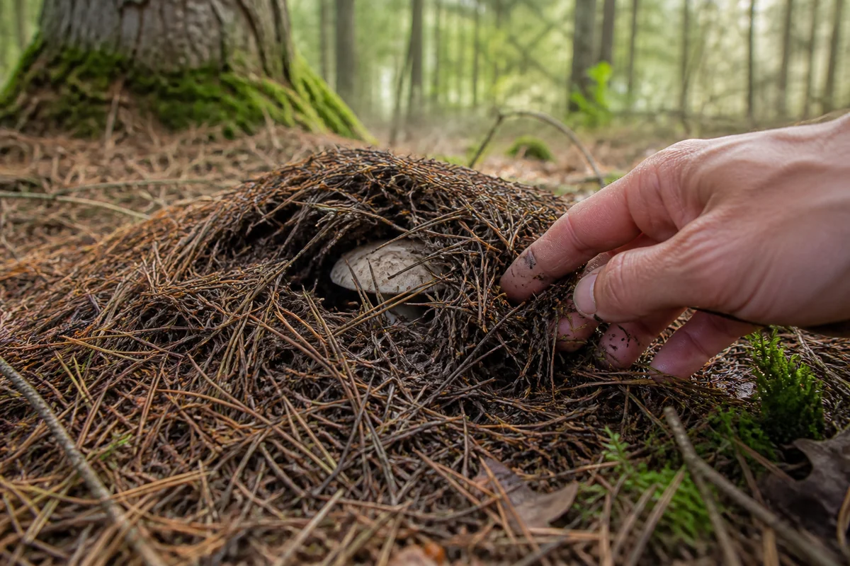 A pine forest floor where the needle litter has cracked and lifted into a small dome, with the tip of a pale cap just breaking through and a hand brushing needles aside