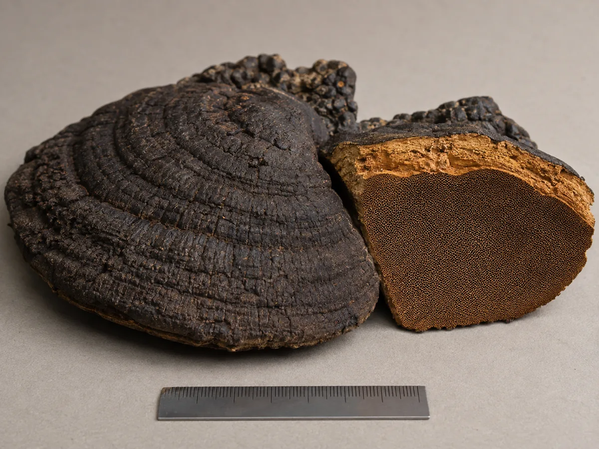 Cutaway identification view of a dark Mesima bracket with a yellow-brown pore surface and rusty woody context