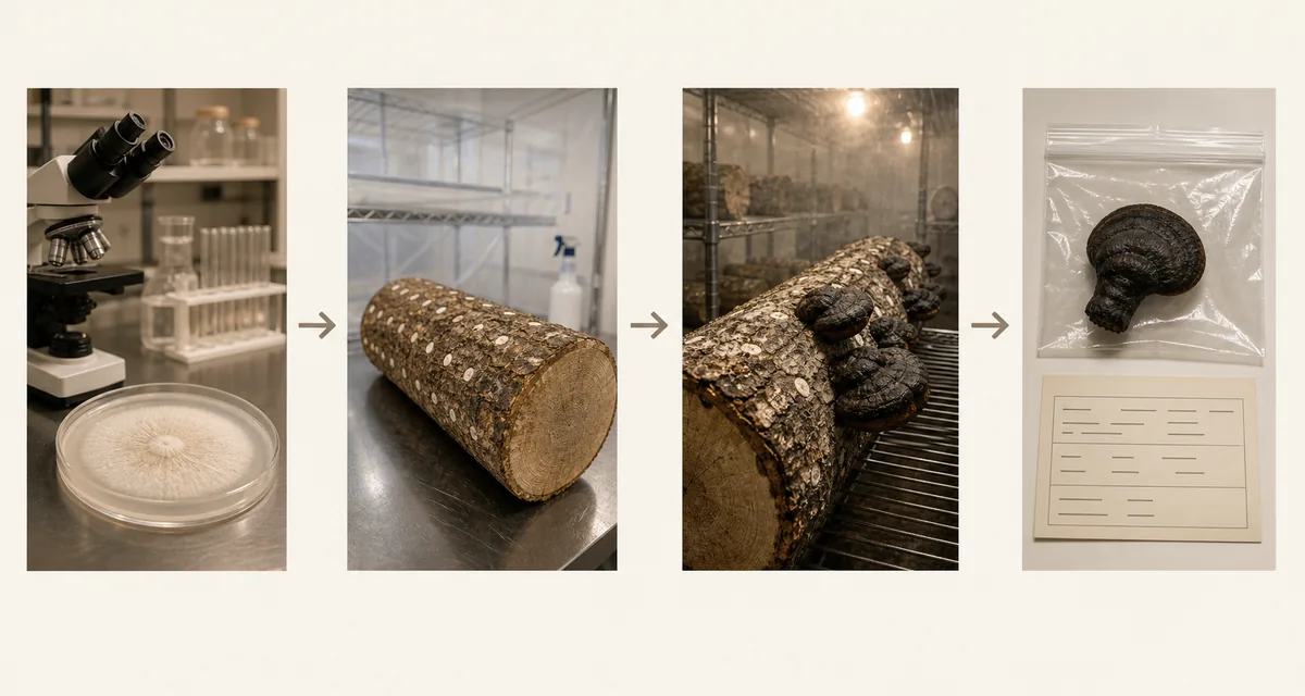 Cultivation chain from authenticated culture through inoculated hardwood and fruiting to a retained reference sample