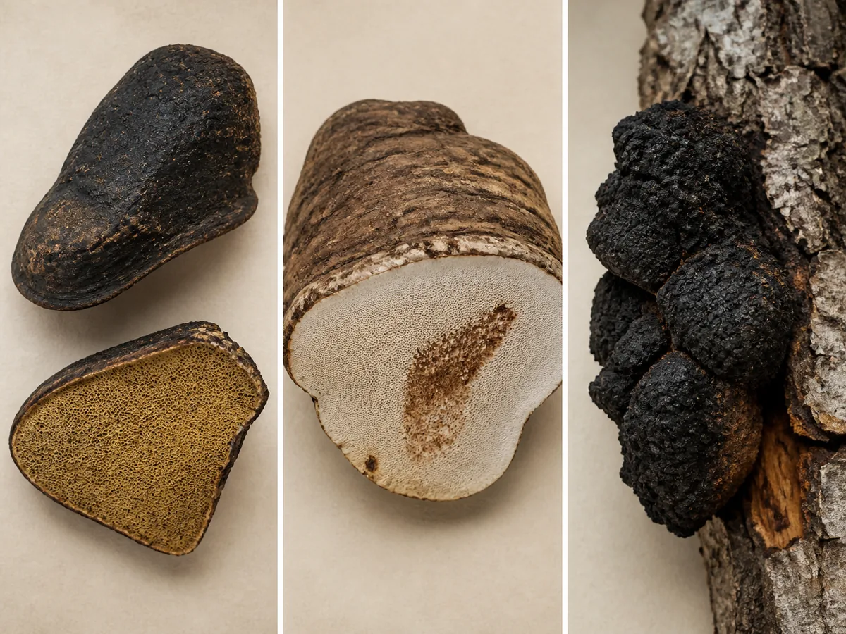 Field comparison of a pore-bearing Mesima bracket, a pale-pored artist's conk, and an irregular chaga-like sterile mass