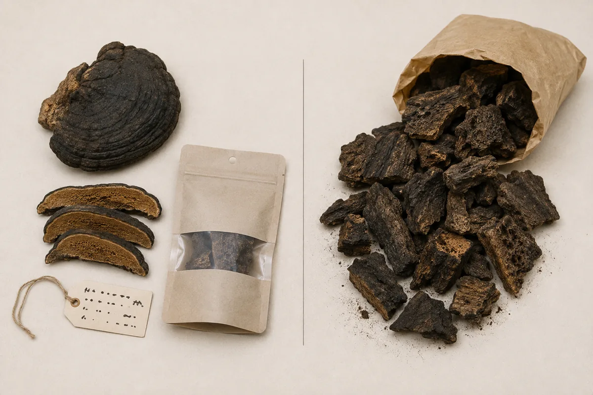 Documented Mesima specimen and slices beside anonymous dark woody chunks from an unmarked bag