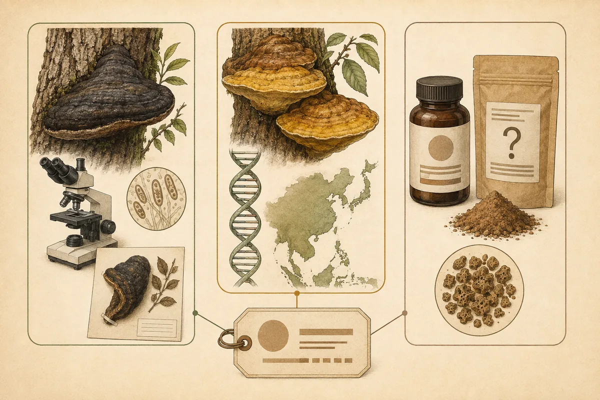Visual map separating the strict tropical American species, East Asian sanghuang lineages, and products sold under the Mesima trade name
