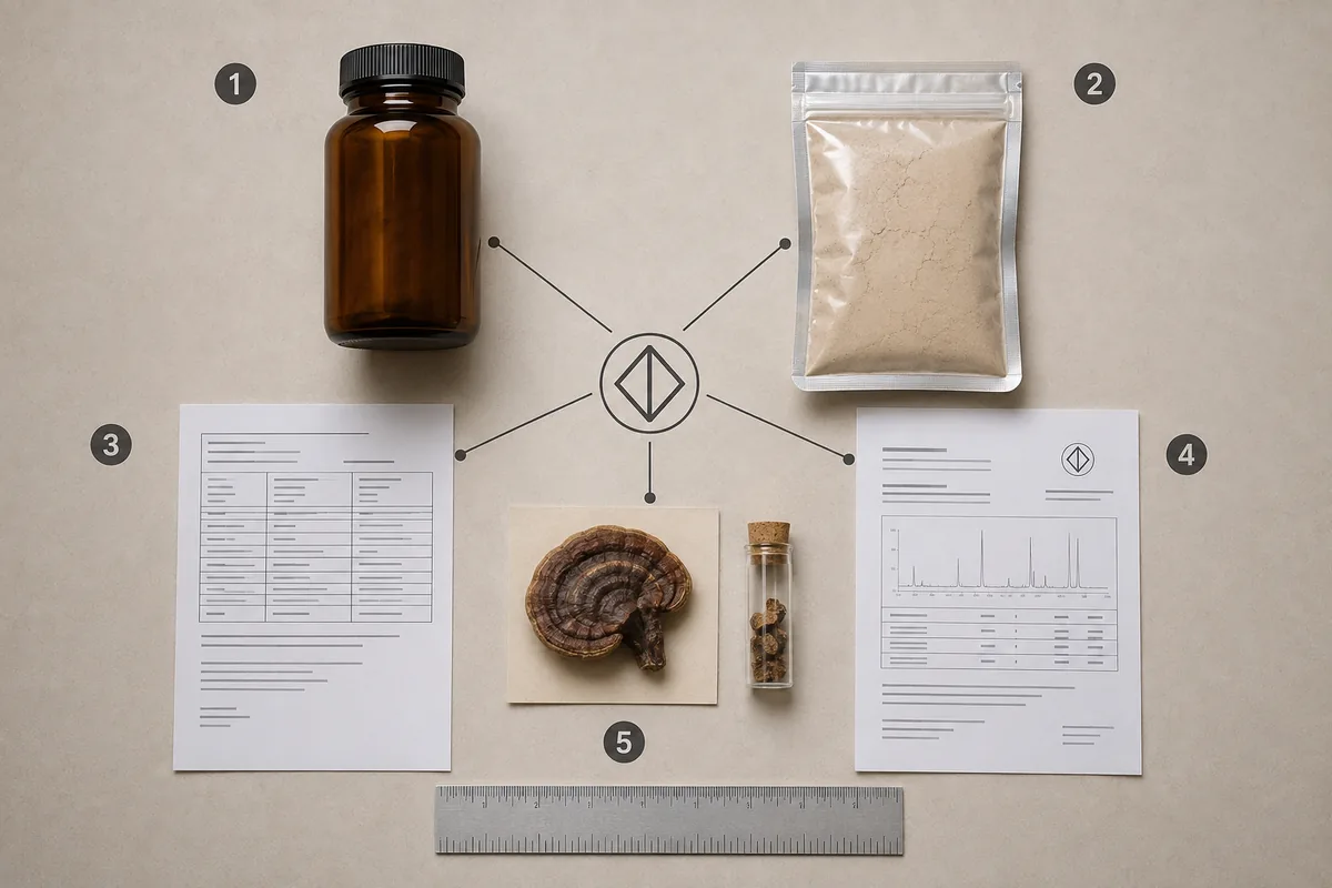 Unbranded Mesima product materials arranged with identity records, a voucher specimen, and a lot-linked laboratory report