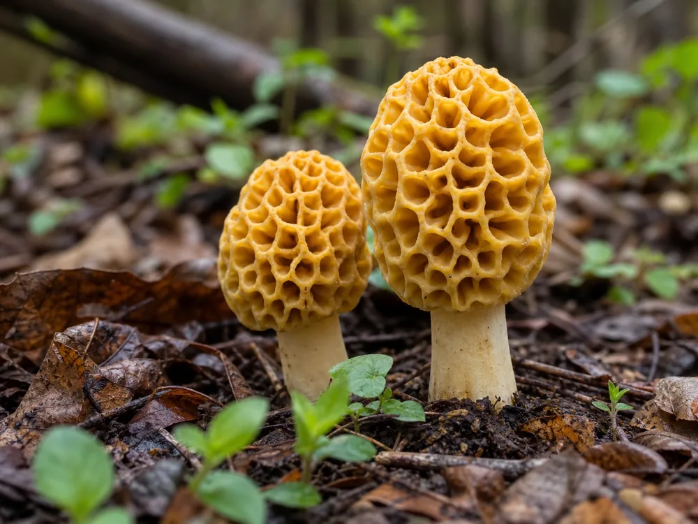 Yellow morel mushrooms with honeycomb caps on a spring forest floor